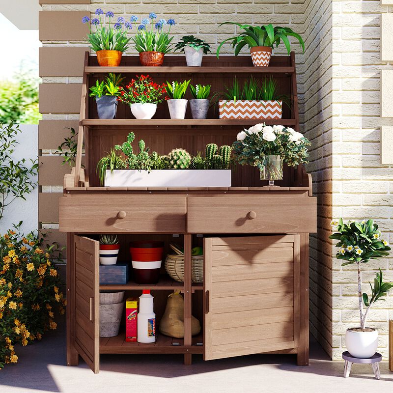 Garden Potting Bench with Storage Shelf, Drawer & Cabinet, Fir Wood Workstation