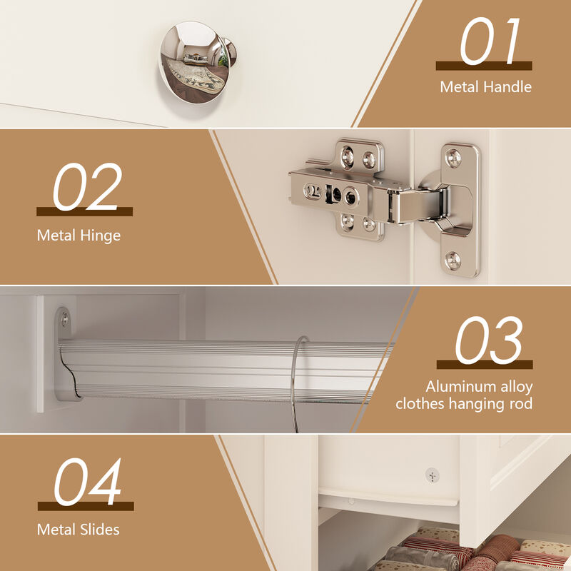 White Paint Big Wardrobe Armoires W/Mirror, Hanging Rod, Drawers, Adjustable Shelves 70.9 in. H x 47.2 in. W x 20 in. D