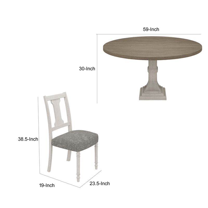 Sane 5pc Dining Table and Chair Set, Fiddleback, Round Top, Gray, White - Benzara