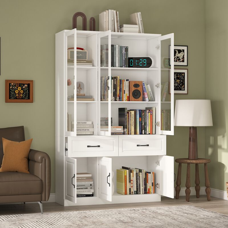 FUFU&GAGA Bookcase with Glass Doors, Drawers, and Storage Cabinets (47.2" W x 15.7" D x 78.7" H) White