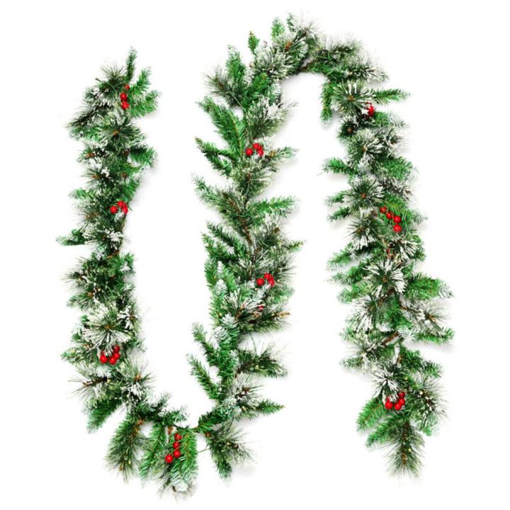 Hivvago 9 Feet Pre-lit Snow Flocked Tips Christmas Garland with Red Berries