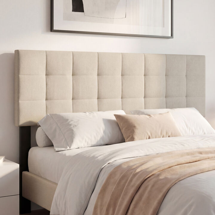 Queen and Full Size Quilted Grid Headboard with Upholstered Linen Fabric