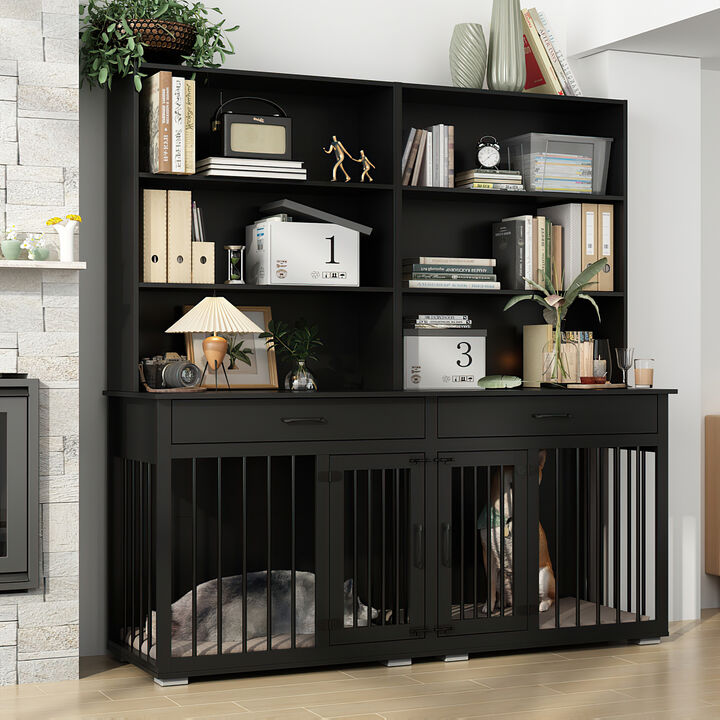 Dog House Furniture Style Dog Crate Storage Cabinet, Indoor Wood 6-Shelf Bookcase Bookshelf with Large Dog Crate, Black