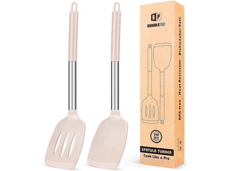 BUNDLEPRO Pack of 2 Silicone Solid Turner, Non Stick Slotted Kitchen Spatulas