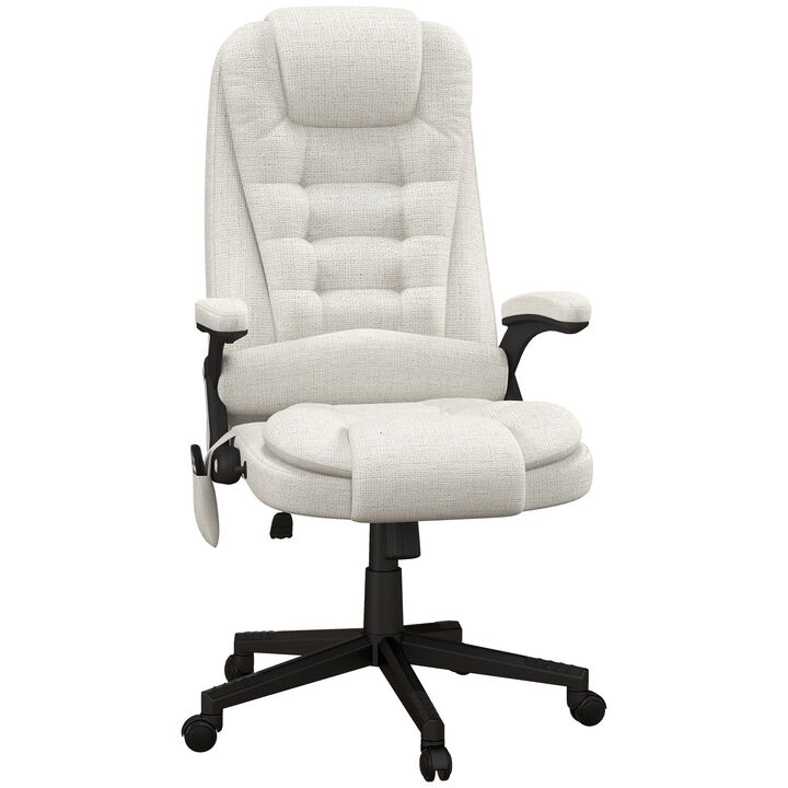 6 Point Vibrating Heated Massage Office Chair, Linen High Back Office Desk Chair, Reclining Backrest, Padded Armrests & Remote, Cream White