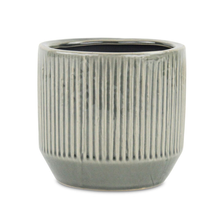 HomeRoots 6" Gray Striped Ceramic Indoor Outdoor Round Pot Planter