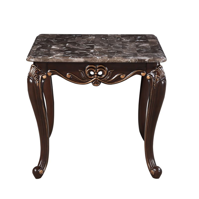 Cona 28 Inch Side End Table, Carved Gold Accents, Cherry Brown, Gray White