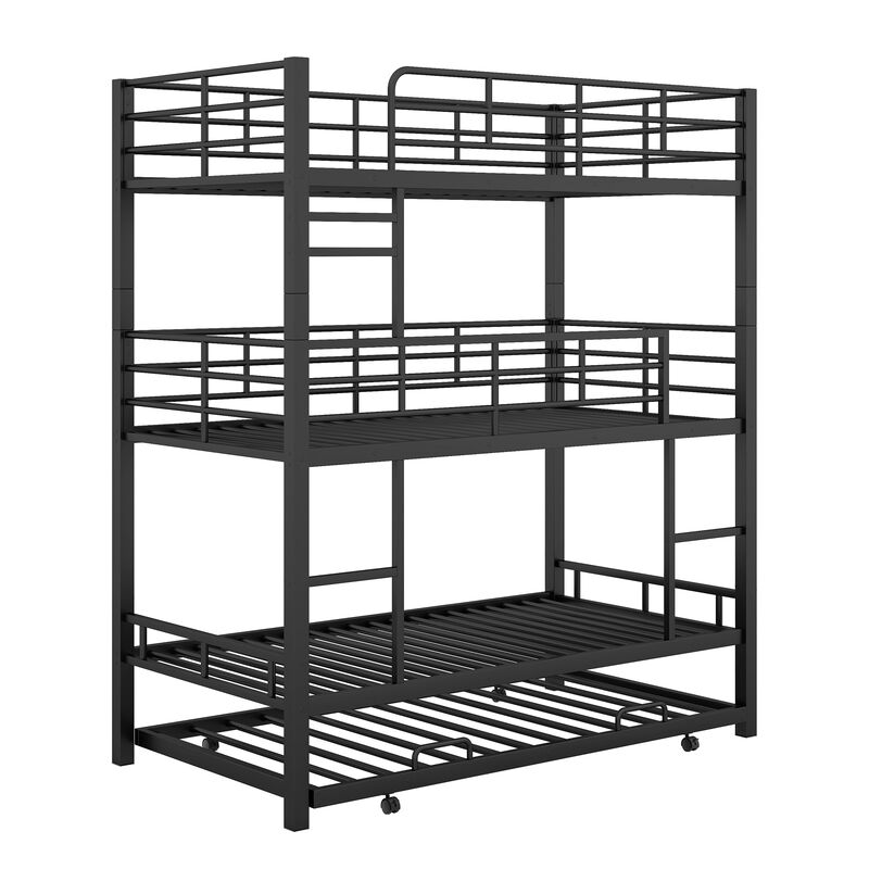 Whisen Metal Twin Size Triple Bunk Bed With Trundle- Black