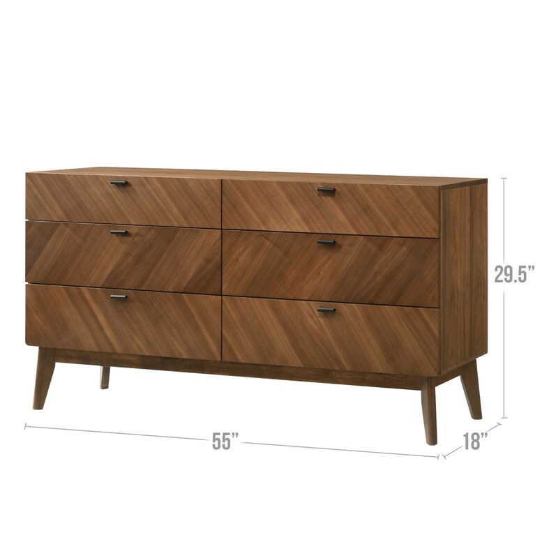 Nova Rem 55 Inch Wide Dresser, 6 Drawers, Metal Bar Handles, Angled Legs - Benzara