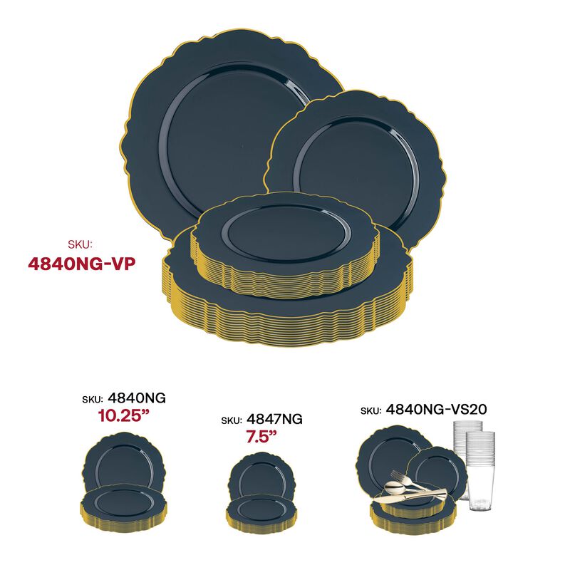 Navy with Gold Rim Round Blossom Plastic Dinnerware Value Set (40 Sets) image number 6