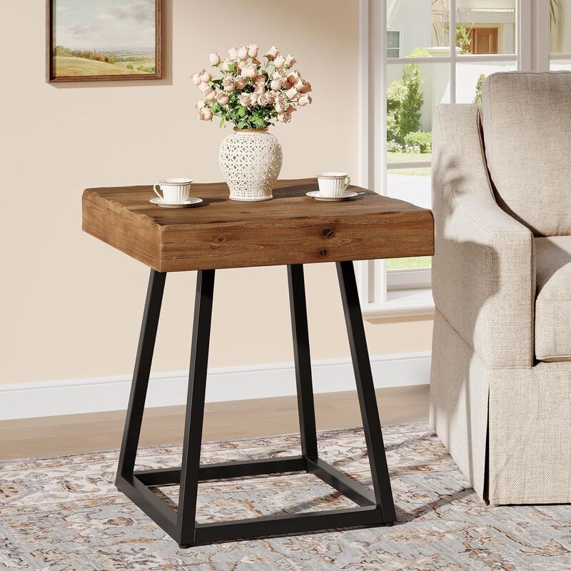 Solid Wood Square End Table, Metal Frame Side Table for Bedroom & Living Room image number 1