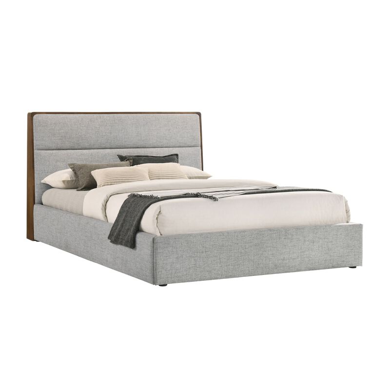 Aki Queen Size Platform Bed, Cushioned Upholstery, Gray Polyester, Walnut - Benzara