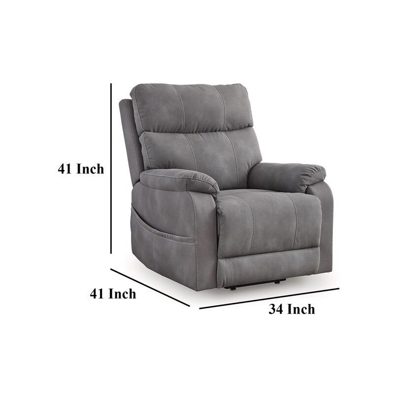 Corbin Power Lift Recliner Chair, Gray Faux Leather, Pillow Top Arms - Benzara