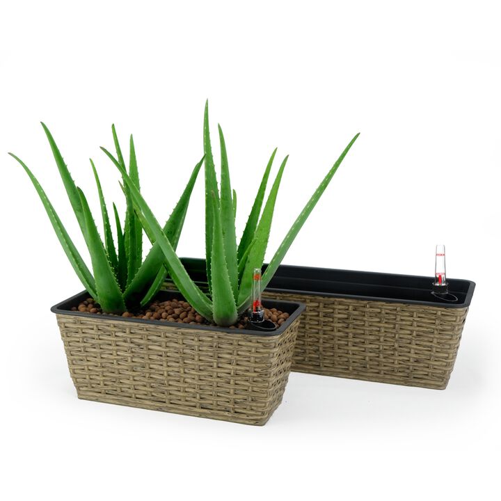 2-Pack Smart Self-watering Rectangle Hand Woven Wicker Planter for Indoor and Outdoor