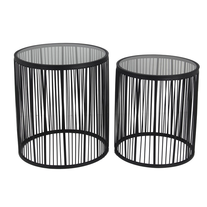 2 Piece Glass Top Accent Table with Wire Frame Design, Black