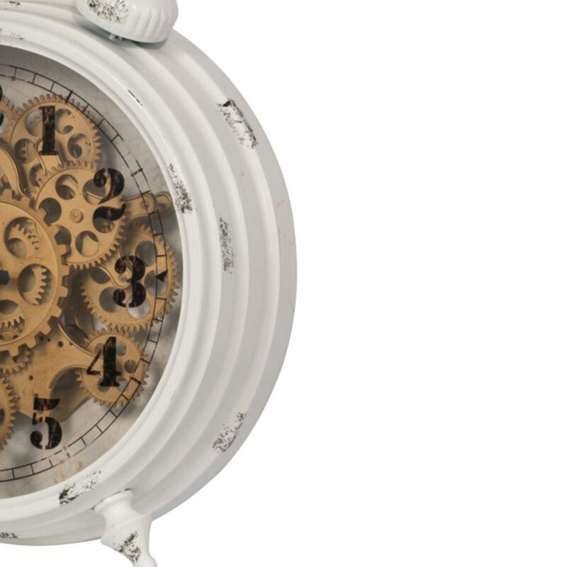 Classic Metal Table Clock with Gears Front and Distressed Details, White and Gold - Benzara