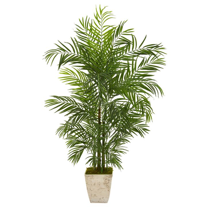 HomPlanti 63 Inches Areca Artificial Palm Tree in Country White Planter UV Resistant (Indoor/Outdoor)