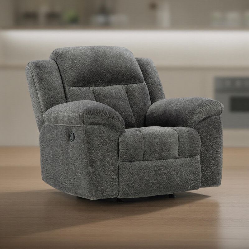 Briar Manual Rocker Recliner Chair, Dark Gray Polyester, Pillow Arms - Benzara