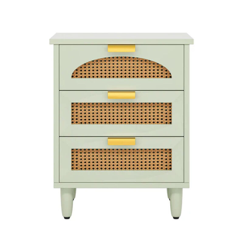 Bedside Table with 3 Drawers, Rattan Nightstand Storage Cabinet-Green image number 0