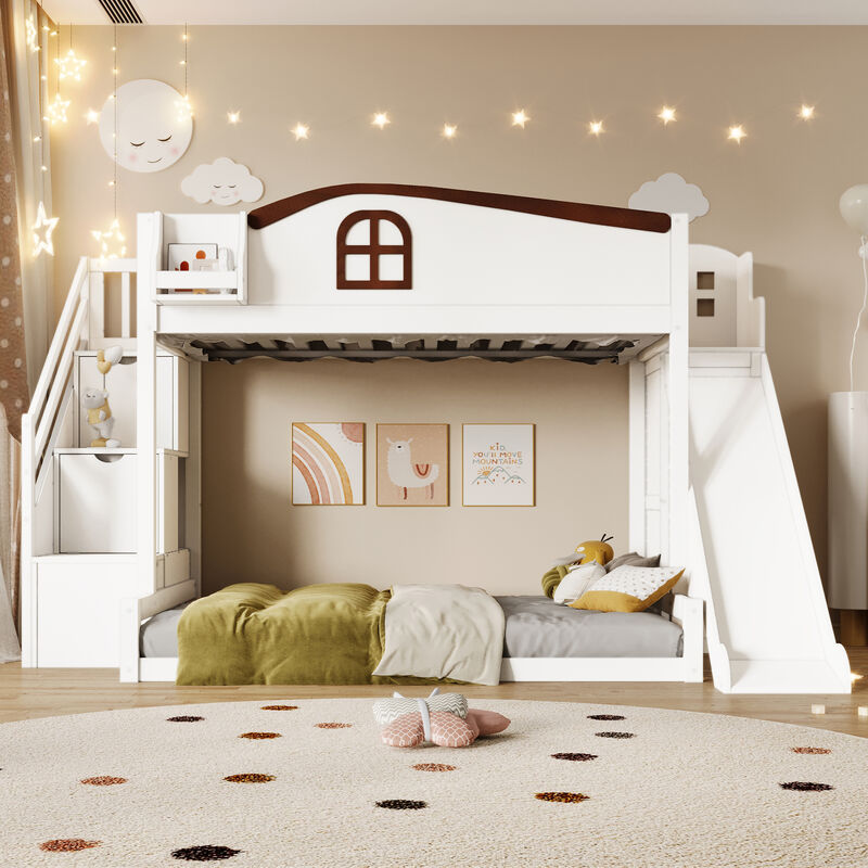 Merax Twin over Full Bunk Bed with Storage Staircase, Shelf, Slide & Wardrobe image number 3