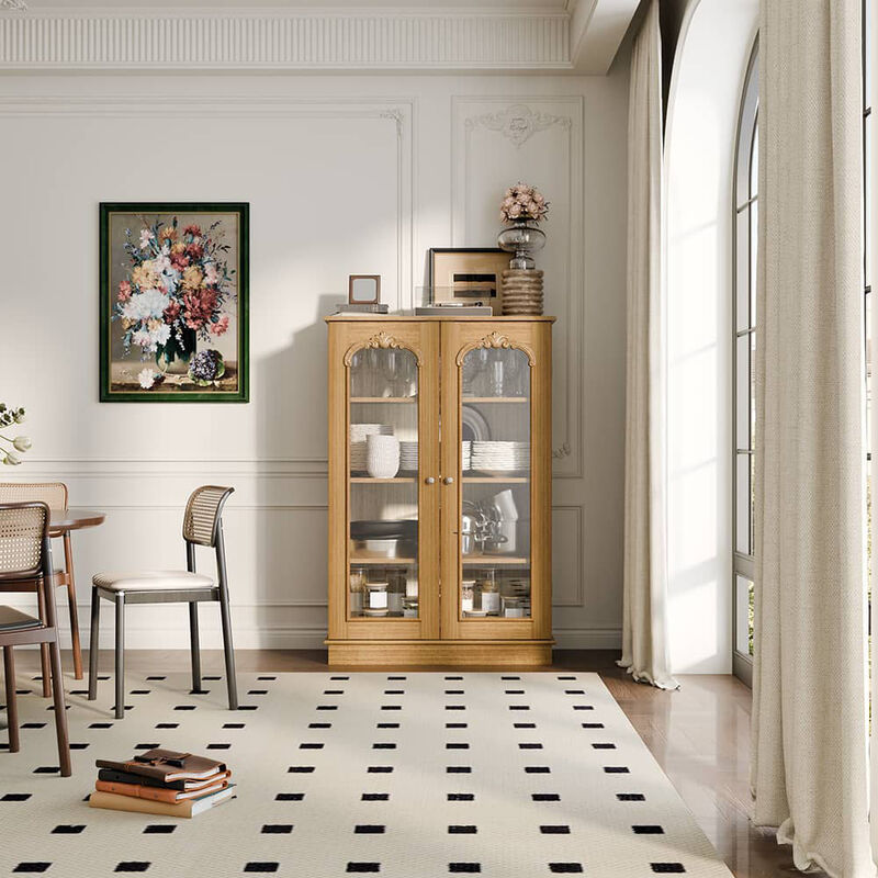 FUFU&GAGA Sideboard Diningware Cabinet, Brown Pine Wood Finish,Tempered Glass Shelves & Steel Accents, (31.5"W x 15.7"D x 47.2"H), Brown