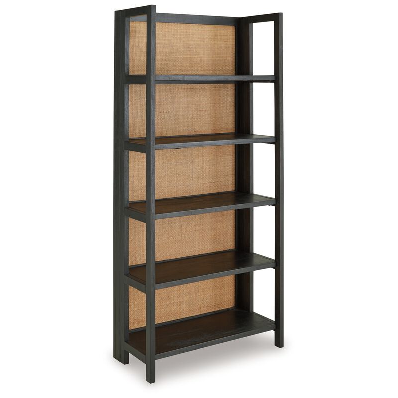 Bookcase, 70 Inch, 5 Wood Storage Shelves, Black and Brown Solid Wood - Benzara