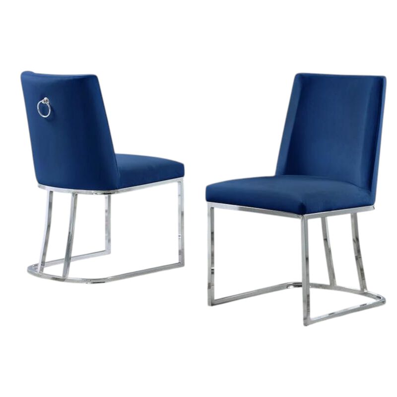 Set of 2 Velvet Upholstered Side Chairs with Silver Sleigh Legs and Back Ring Handle -Navy