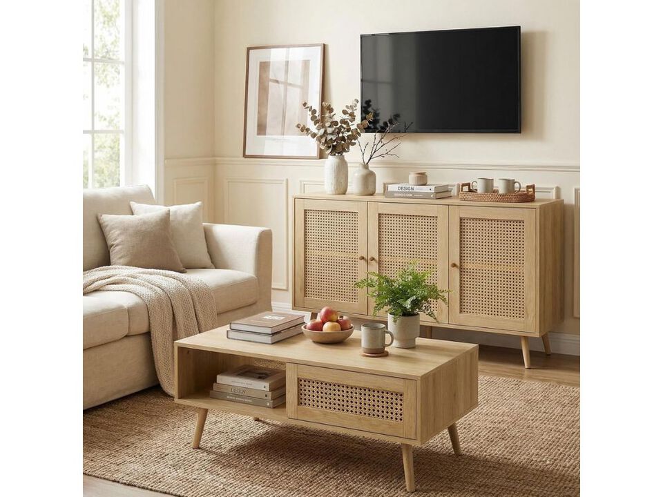 2 Piece Living Room Table Set 47 Inch Rattan TV Stand Coffee Table Storage Shelf