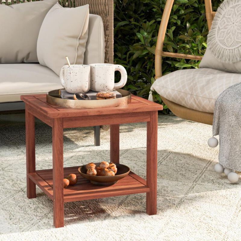 Set of 2 Double-Tier Patio Side Tables with Slatted Top and Lower Shelf for Outdoor Use