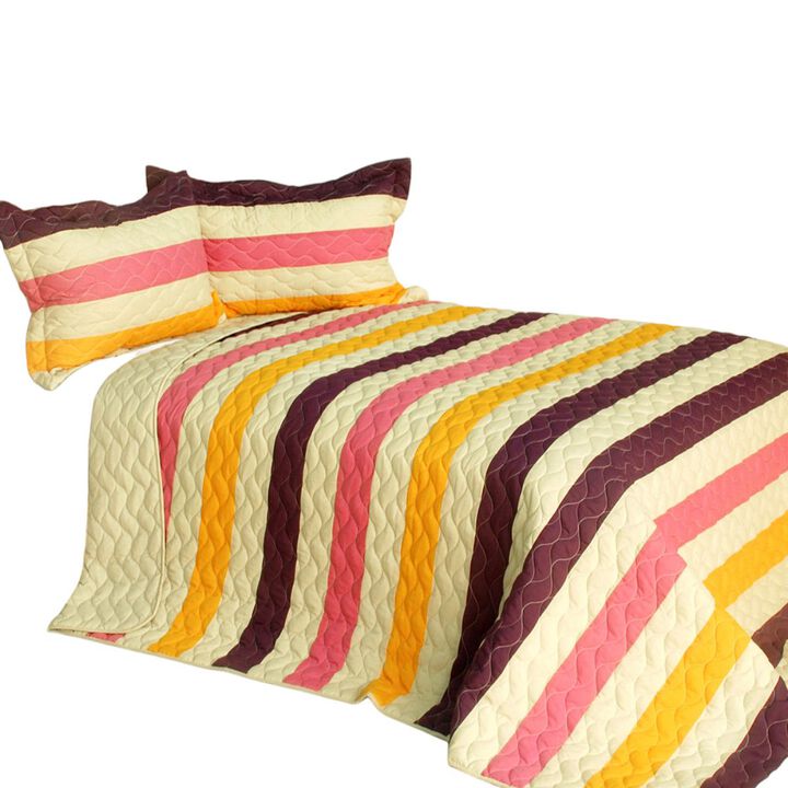 Vermicelli Quilted 3PC Patchwork Quilt Set Reversible Horizontal Stripes
