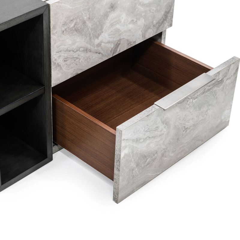 Noe Minn 26 Inch Nightstand, 2 Drawers, Faux Marble Front Panels, Gray - Benzara