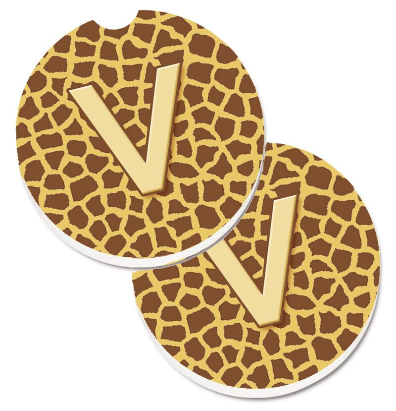 Caroline's Treasures Monogram Initial V Giraffe Set of 2 Cup Holder Car Coasters CJ1025-VCARC, 2.56, Multicolor