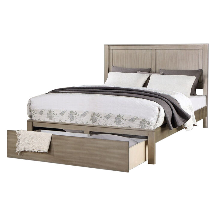 Kali Platform King Size Bed, Panel Design, Large Storage Drawer, Light Tan - Benzara