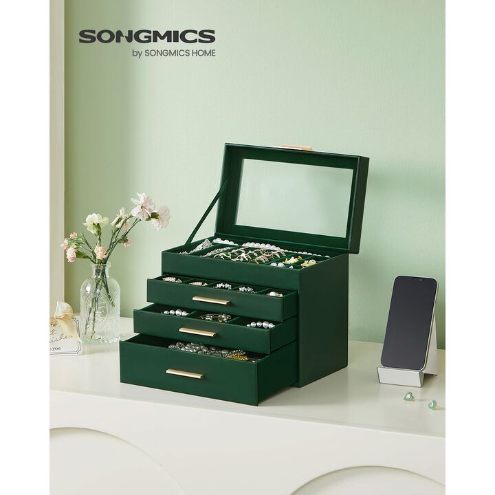 4-Tier Jewelry Organizer Box with Glass Lid for Earrings Rings Bracelets and Watches