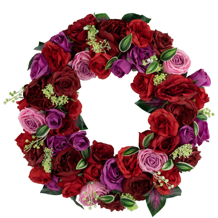 Mixed Rose Artificial Spring Floral Wreath  24-Inch