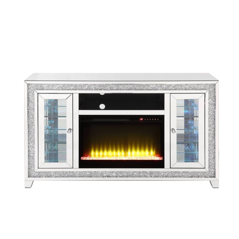 Noralie TV STAND W/FIREPLACE & LED Mirrored & Faux Diamonds LV