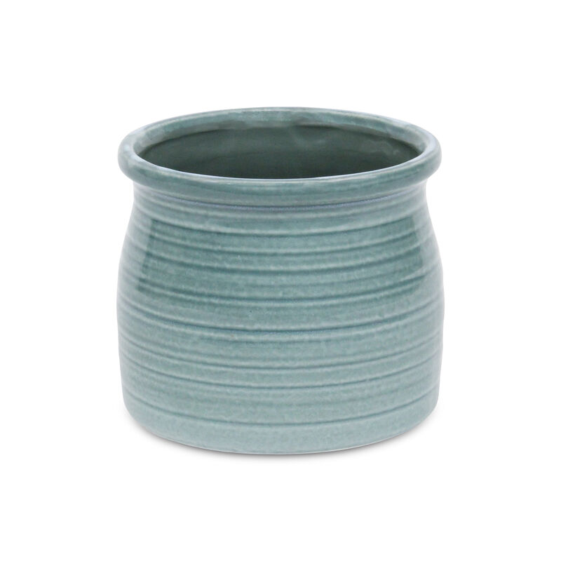 HomeRoots Blue Ceramic 22 Ounce Striped Round Distressed Pot Planter image number 0