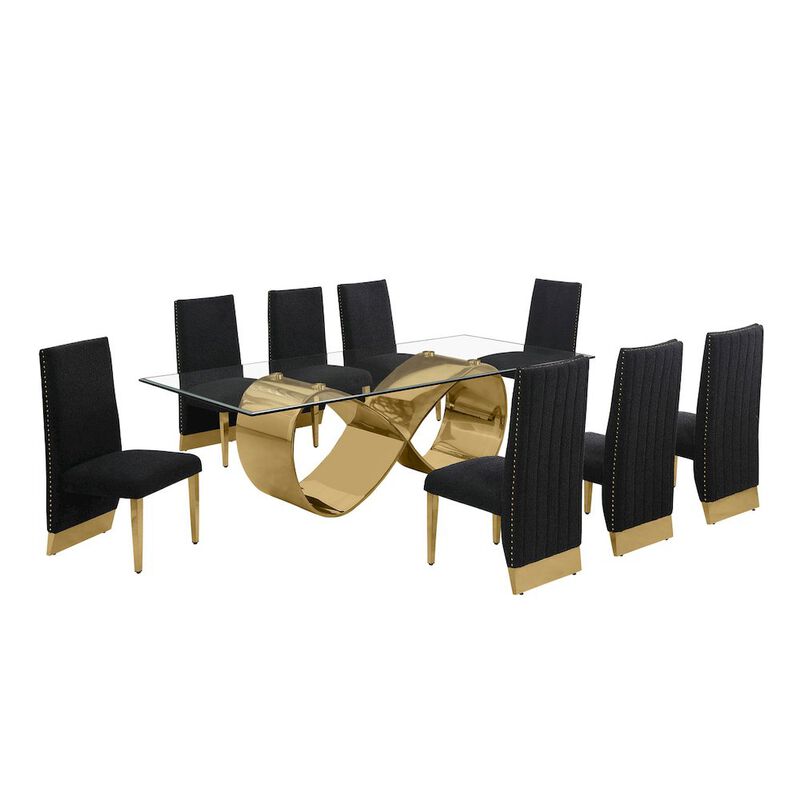 Best Quality Furniture 9Pc Tempered Glass Dining Set 8 Black Boucle Chairs And  Gold Base