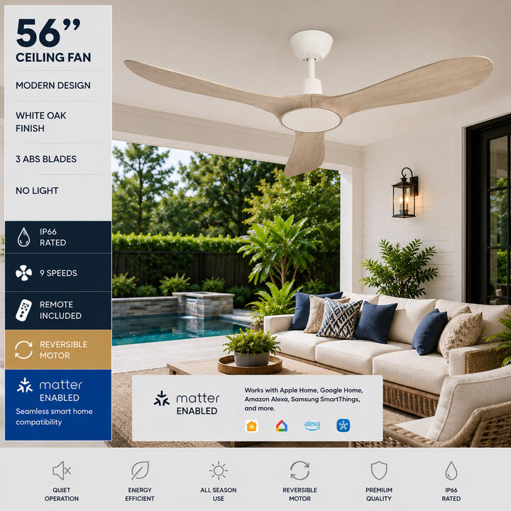 ENLIGHT 56" Smart DC Ceiling Fan, IP66 Outdoor/Coastal Rated, Matter Smart Home Integration, 3 Blades