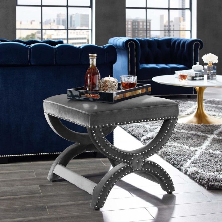 Modway Expound Performance Velvet Upholstered Nailhead Trim Accent Ottoman in Gray
