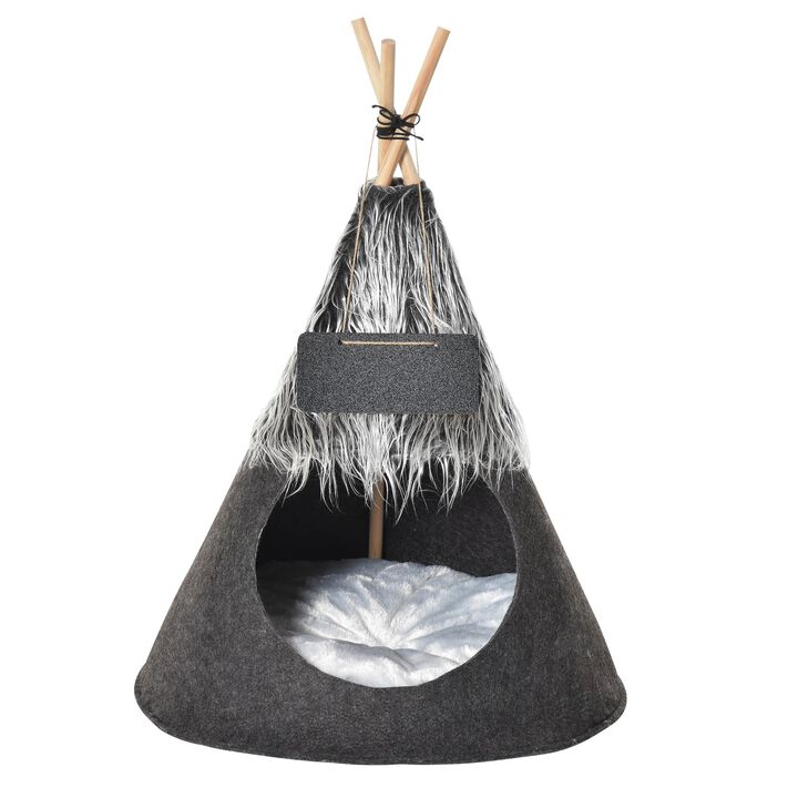 Pet Teepee Tent Cat Bed Dog House with Thick Cushion Chalkboard for Kitten and Puppy up to 13lbs 28inch Grey