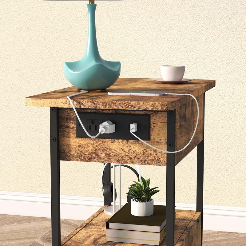 SOOWERY End Table with Charging Station, Narrow Side Table with Flip Top Cabinet and Fabric Drawer, Nightstand Bedside Tables fo
