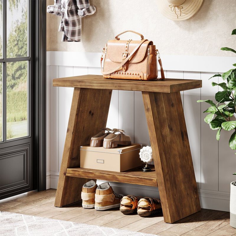 2-Tier Solid Wood Side Table, Small End Table with Storage-Rustic Brown image number 4