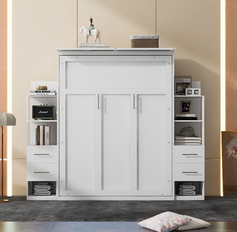 Whisen Modern Design Queen Size Murphy Bed, Folded into a Cabinet with Shelves, Drawers and LED Lights