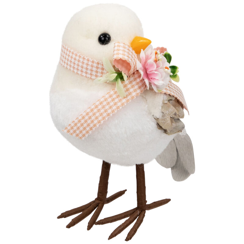 Plush Bird with Gingham Bow Easter Figurine - 7" - Beige