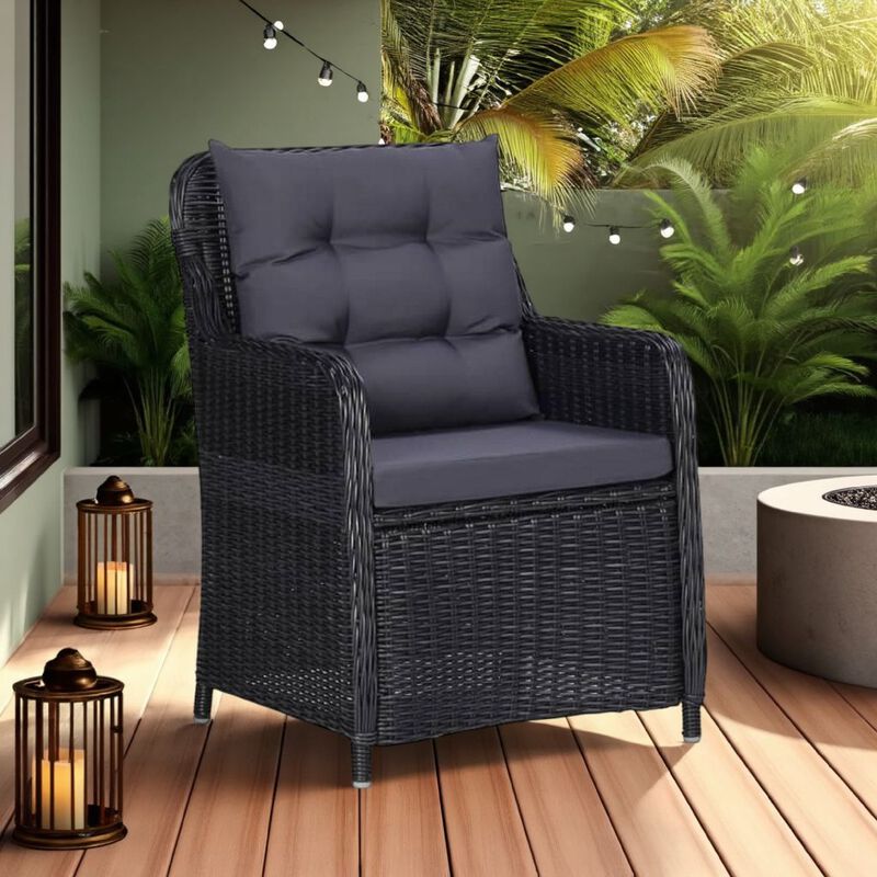 Outdoor Accent Chair Set of 2, Tufted Fabric Design, Black Poly Rattan - Benzara