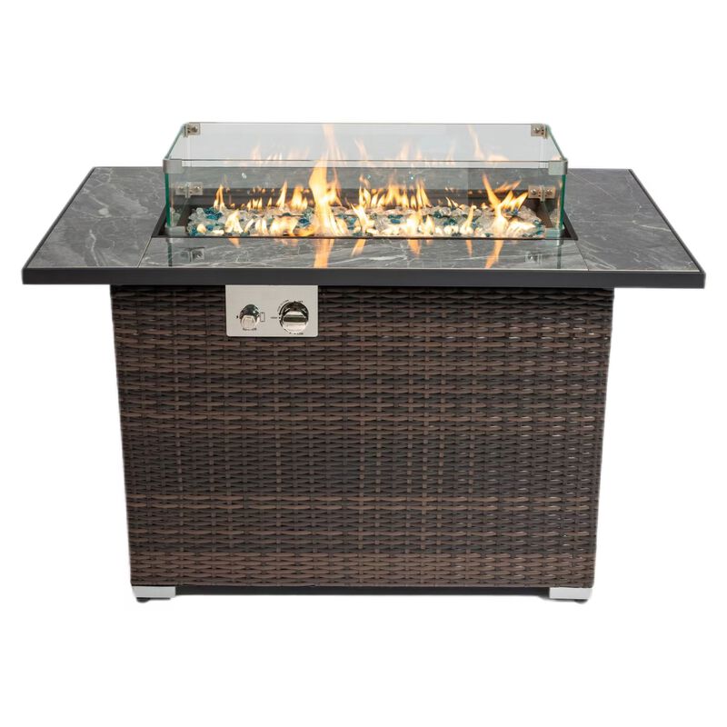 Mondawe 44 Inch Outdoor Rattan Fire Pit With Ceramic Tabletop Gas Fire Table