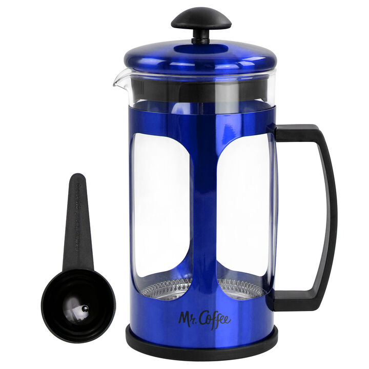Mr. Coffee 30oz Glass and Stainless Steel French Coffee Press in Blue