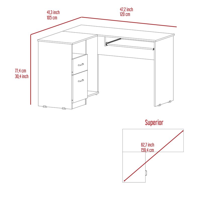 Mix L-Shaped Desk, Keyboard Tray, Two Drawers, Single Open Shelf -Light Gray