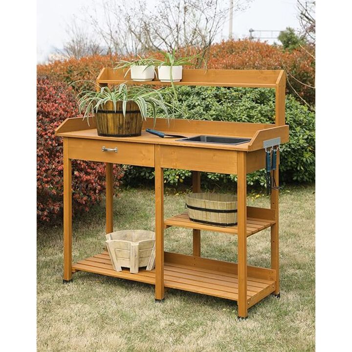 QuikFurn Modern Garden Potting Bench Table with Sink Storage Shelves & Drawer